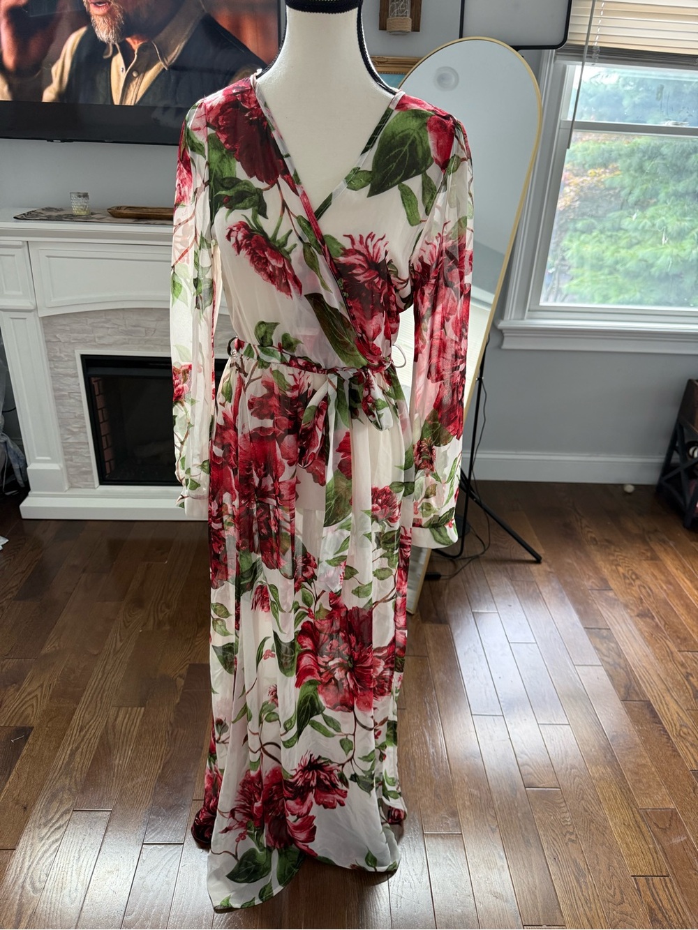 Monaco Floral Semi Sheet Faux Wrap Maxi Dress Red Green Aprrox Small Med PTP 19